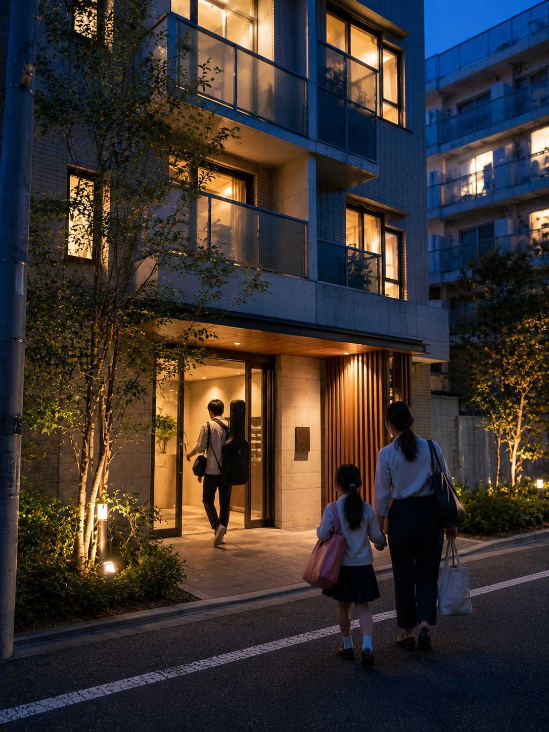 夜の防音賃貸マンションへ帰宅する家族と楽器を持つ入居者