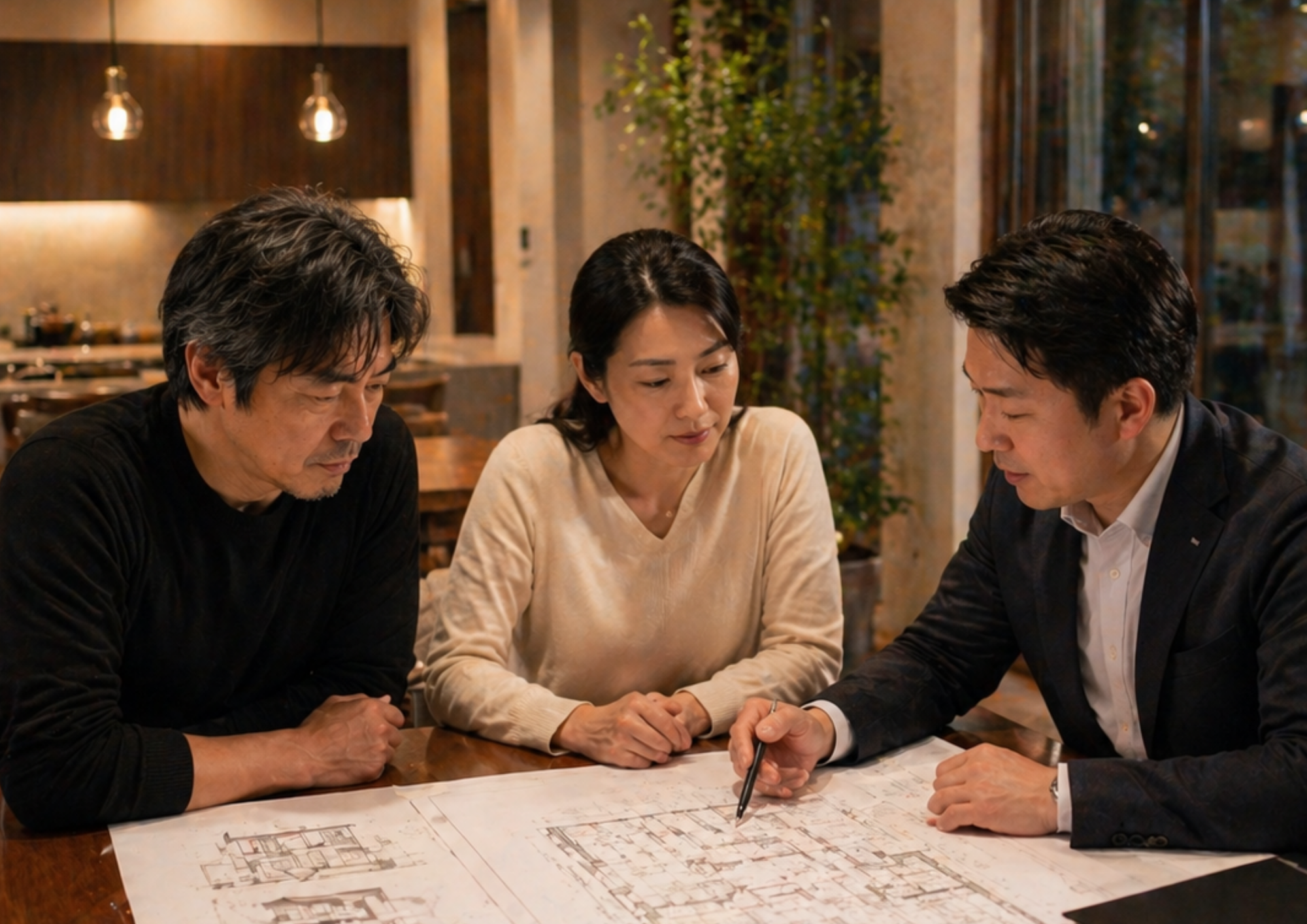 住まいの図面を囲んで防音計画を相談する担当者とお客様